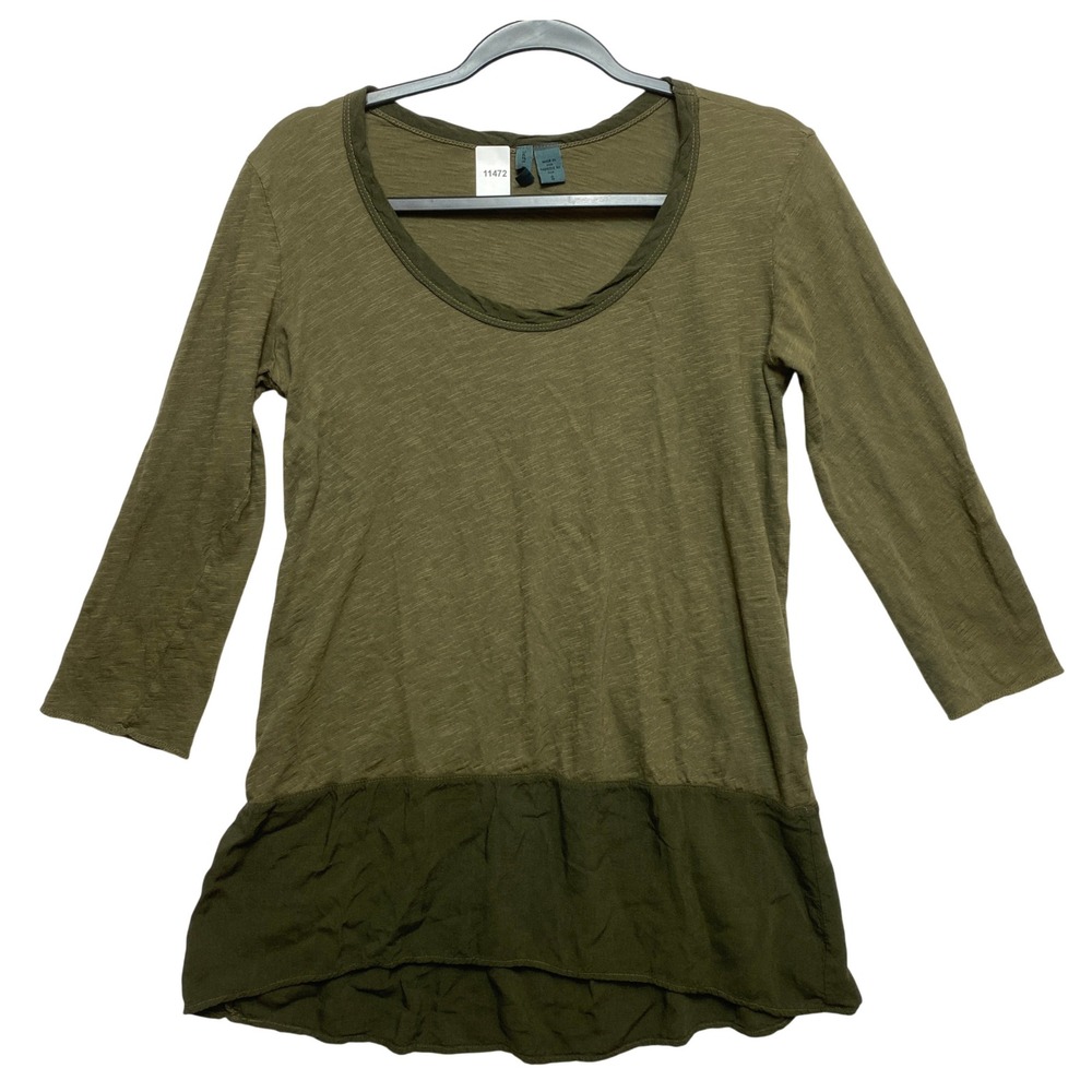 Left of Center Tunic Top Womens Small Olive Green 3/4 Sleeve Slub Knit